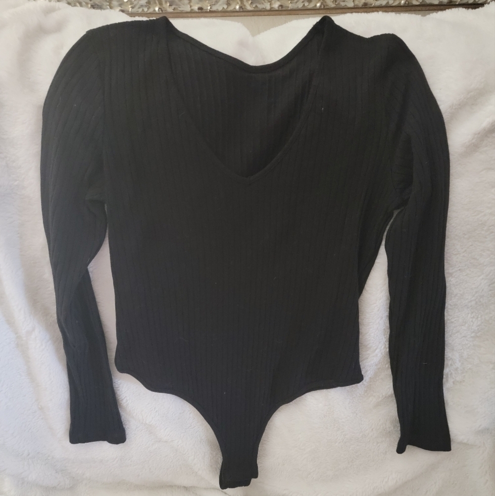 Women's Black Ribbed Long Sleeve Bodysuit